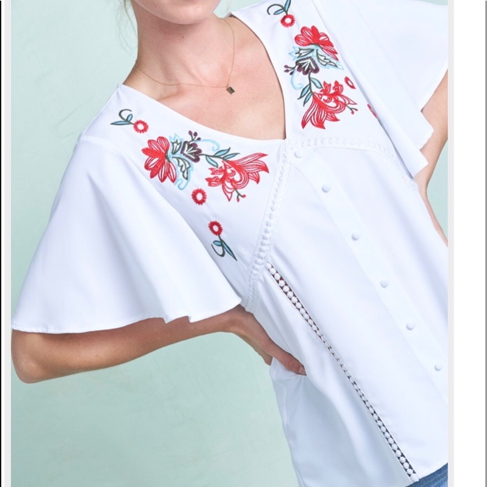 White Chiffon Red Flower Detailed Blouse